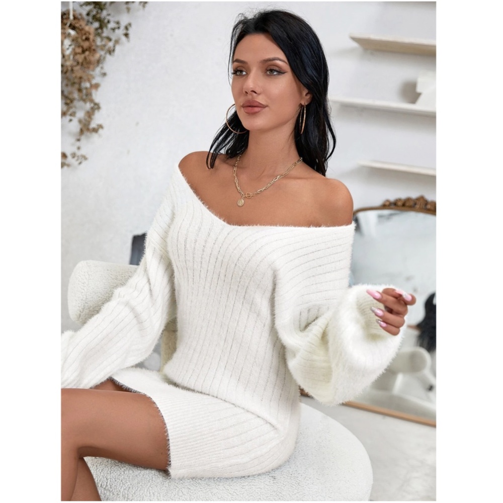 Fuzzy White Sweater Mini Dress Knit Long Lantern Sleeve - Picture 3 of 8